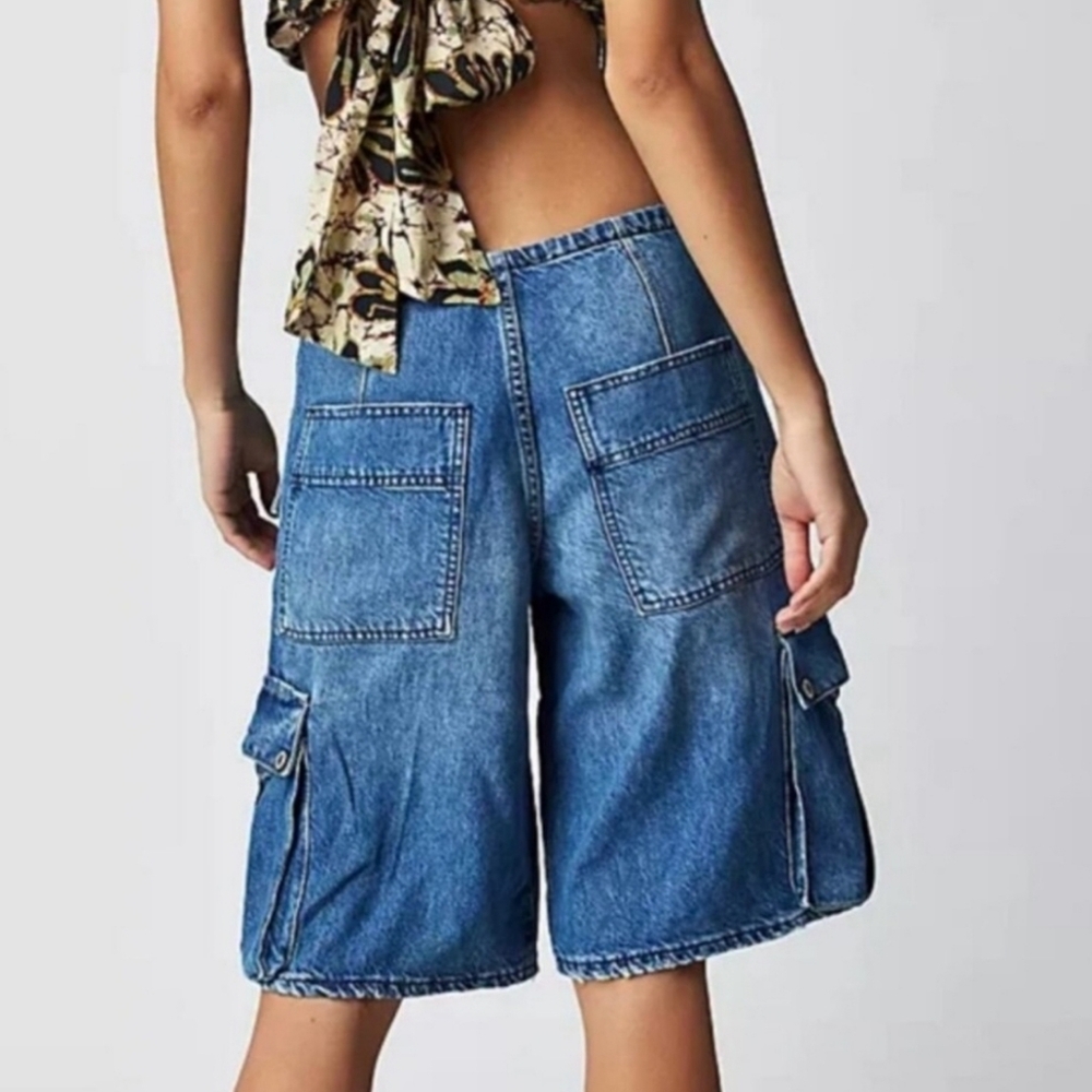 Free People Blue Denim Cargo Jean Shorts - Picture 2 of 9